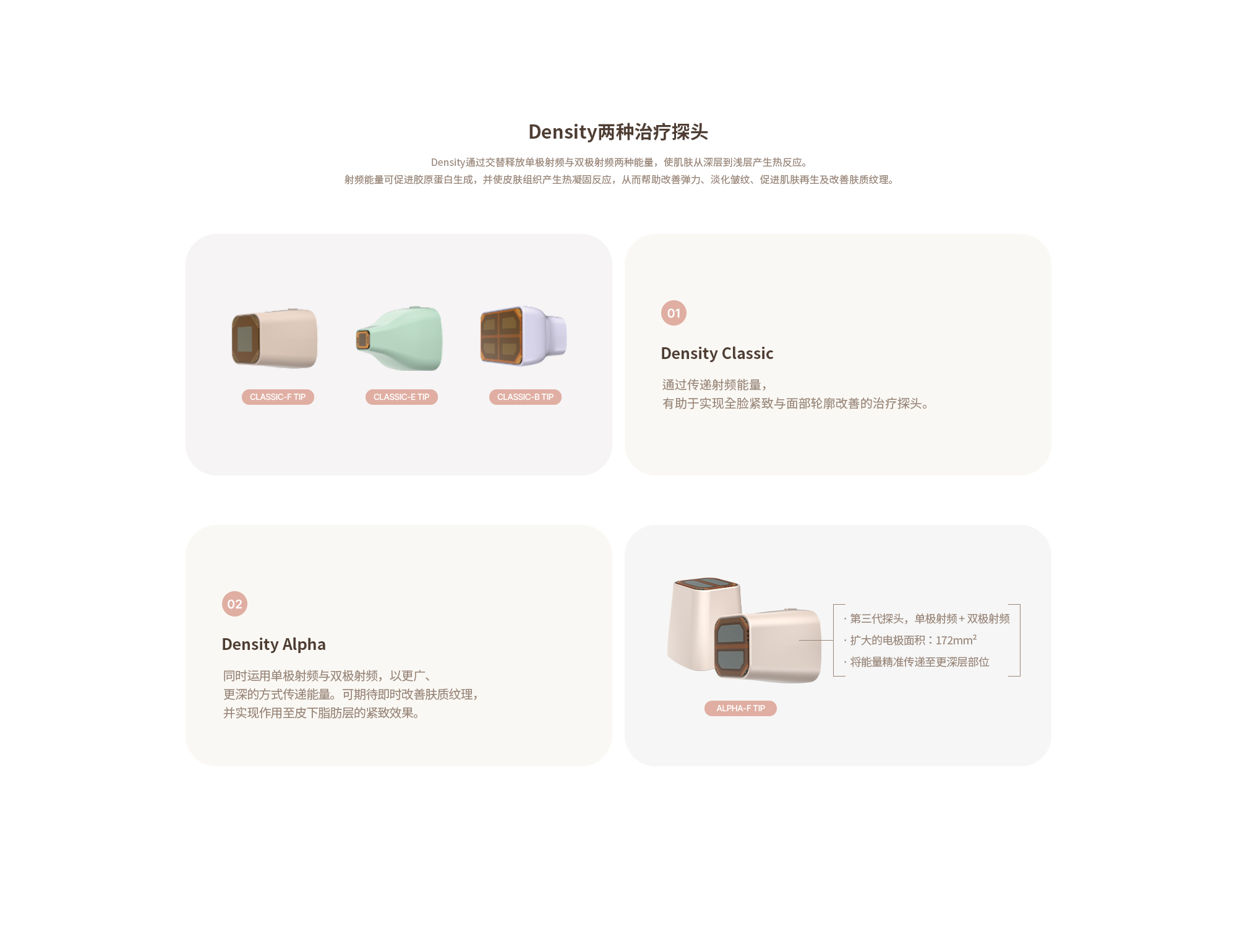 [덴서티 두가지 팁] (01) 덴서티 클래식 (Density Classic) : 고주파 에너지를 전달해 얼굴 전반적인 타이트닝과 윤곽 개선에 효과적인 팁입니다. (02) 덴서티 하이 (Density High) : 모노폴라, 바이폴라 두 가지 고주파를 동시에 사용합니다. 덴서티의 기본 효과에 더해 피부결, 모공 개선에 더욱 특화된 덴서티만의 팁입니다.