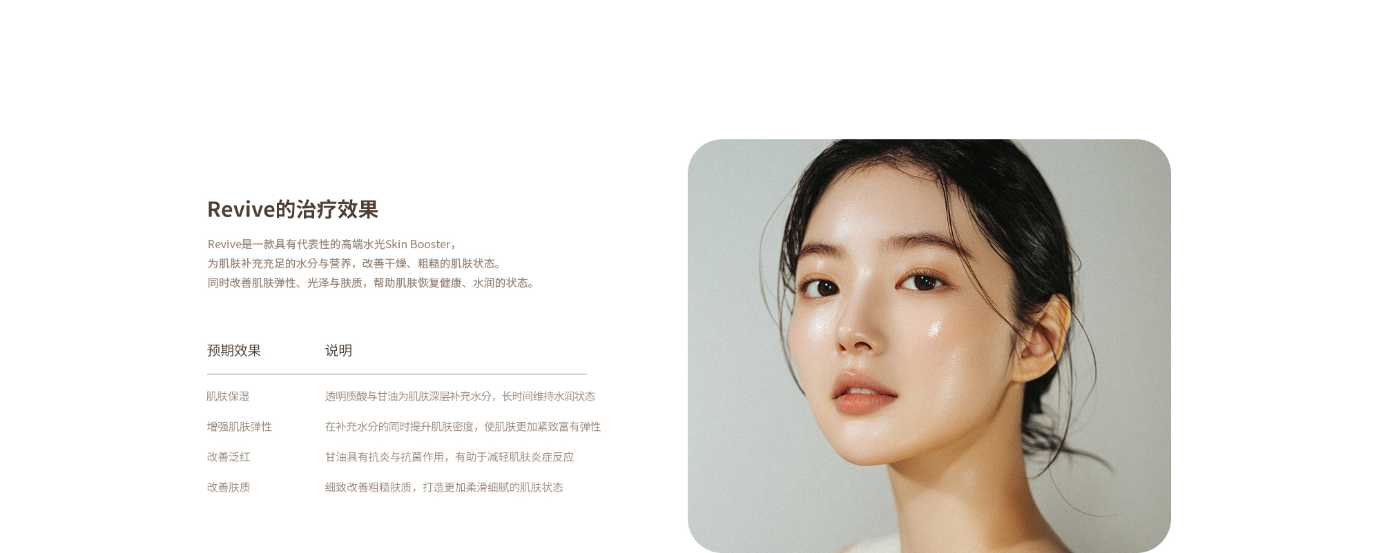 [리바이브 시술 효과] 피부 보습 : 히알루론산과 글리세롤이 피부에 깊은 수분을 채워 촉촉한 피부 유지 / 탄력 강화 : 수분 보충과 함께 피부 밀도를 높여 탄력 있고 탱탱한 피부로 개선 / 붉은기 개선 : 글리세롤의 항염/항균 작용으로 피부의 염증반응 감소 / 피부결 개선 : 거칠어진 피부결을 매끄럽게 정리해 부드러운 피부 표현