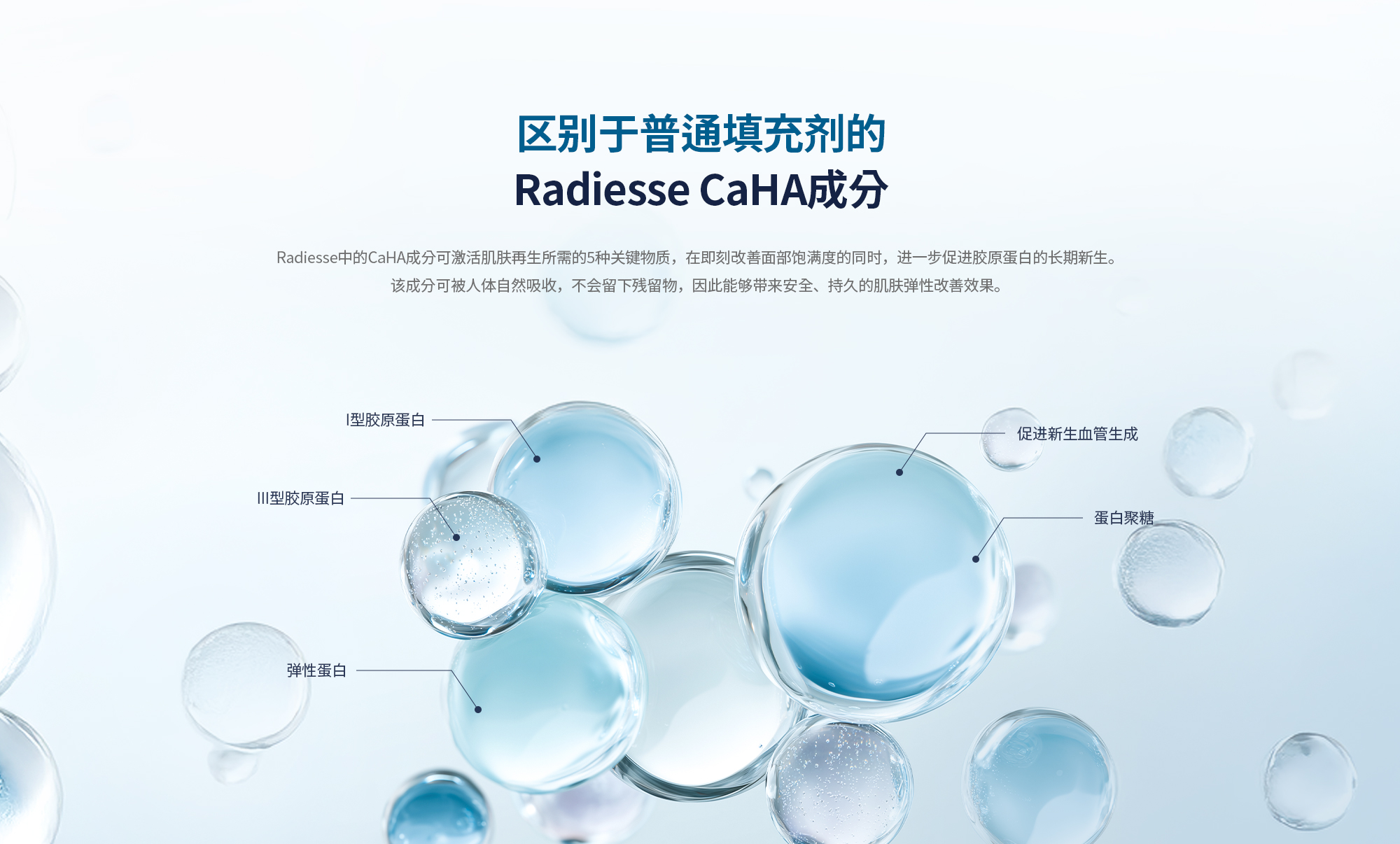 [일반 필러와 차별화되는 래디어스의 CaHA 성분] 래디어스의 CaHA는 피부 재생에 필수적인 5가지 물질을 활성화시켜 즉각적인 볼륨 개선과 더불어 장기적인 콜라겐 재생을 촉진합니다. 체내 자연스럽게 흡수되며 잔여물이 남지 않아 안전하고 지속적인 탄력 개선을 기대할 수 있습니다.